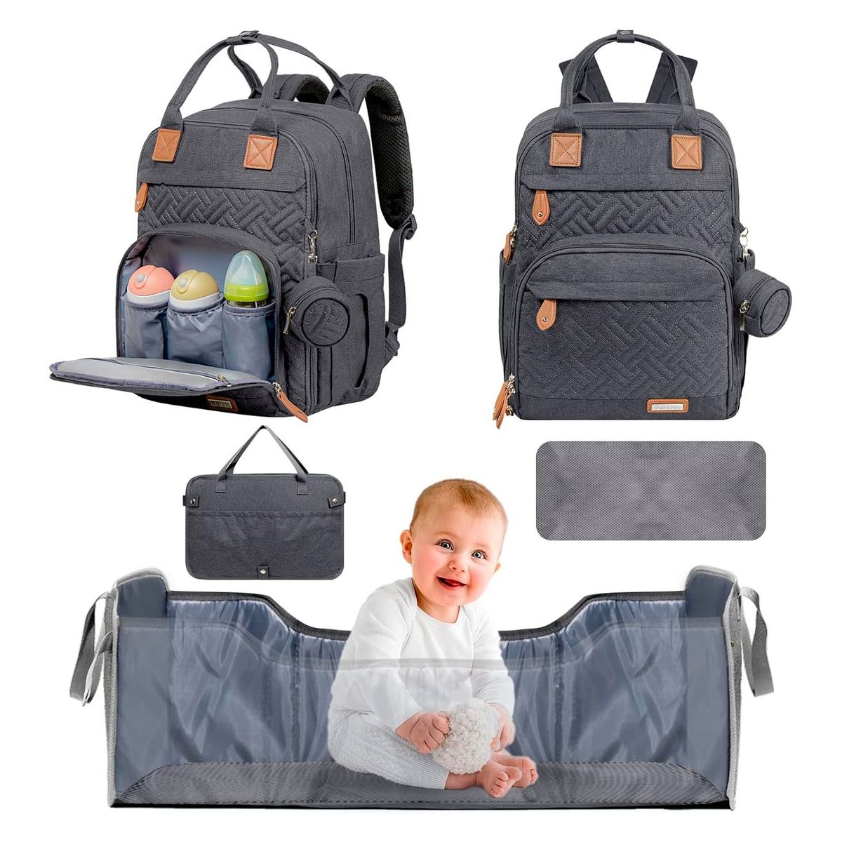 GENERICO - Mochila para bebé con cambiador en gris oscuro