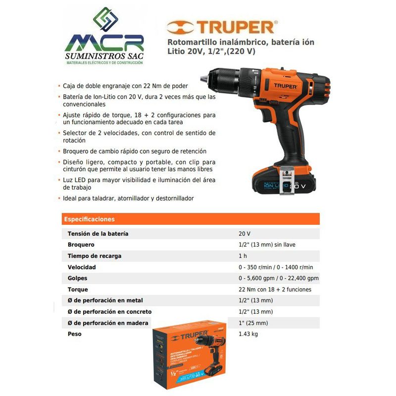 TRUPER - TALADRO PERCUTOR INALAMBRICO PROFES 20V 12 PERFCONCRETO TRUPER