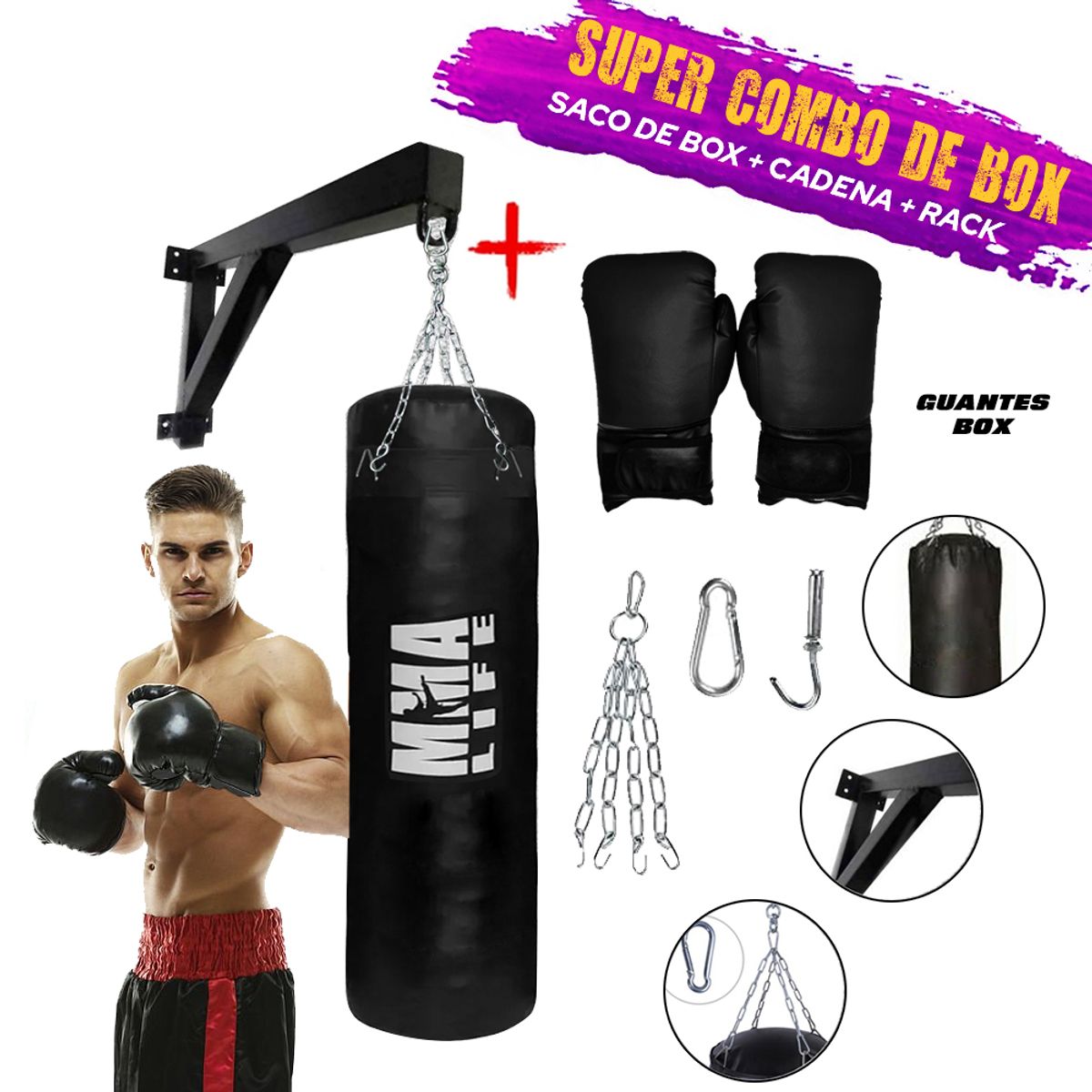 HOLGU - Saco de box 120cm RACK cadena guantes de box SUPER COMBO BOX
