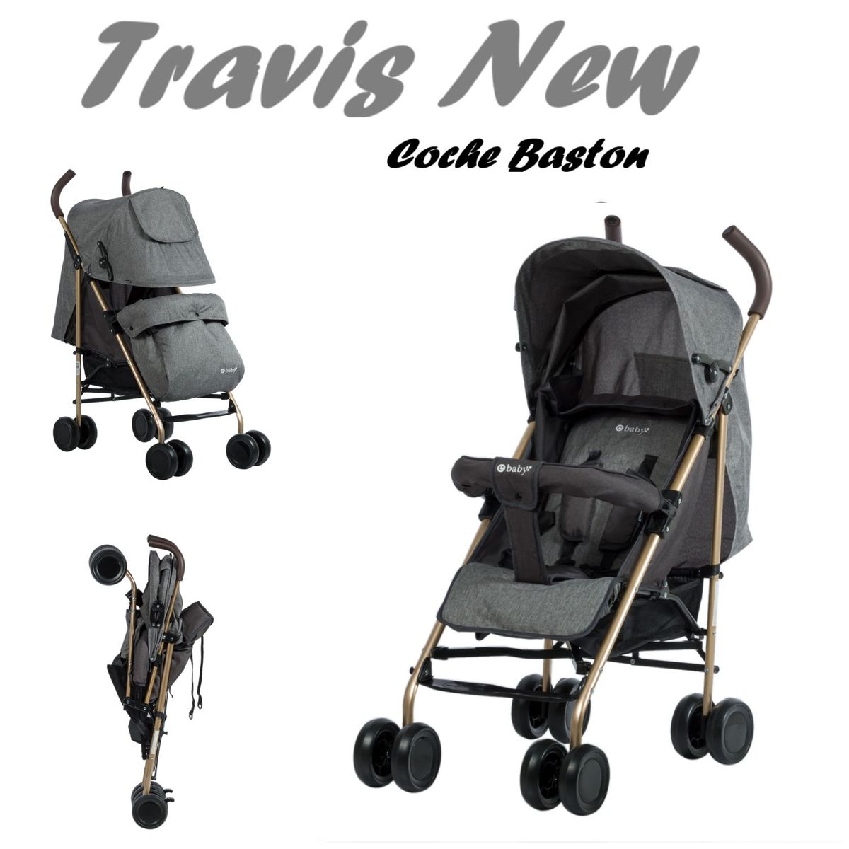 EBABY - Coche De Paseo Baston Reclinable Travis Para Bebes - Plomo