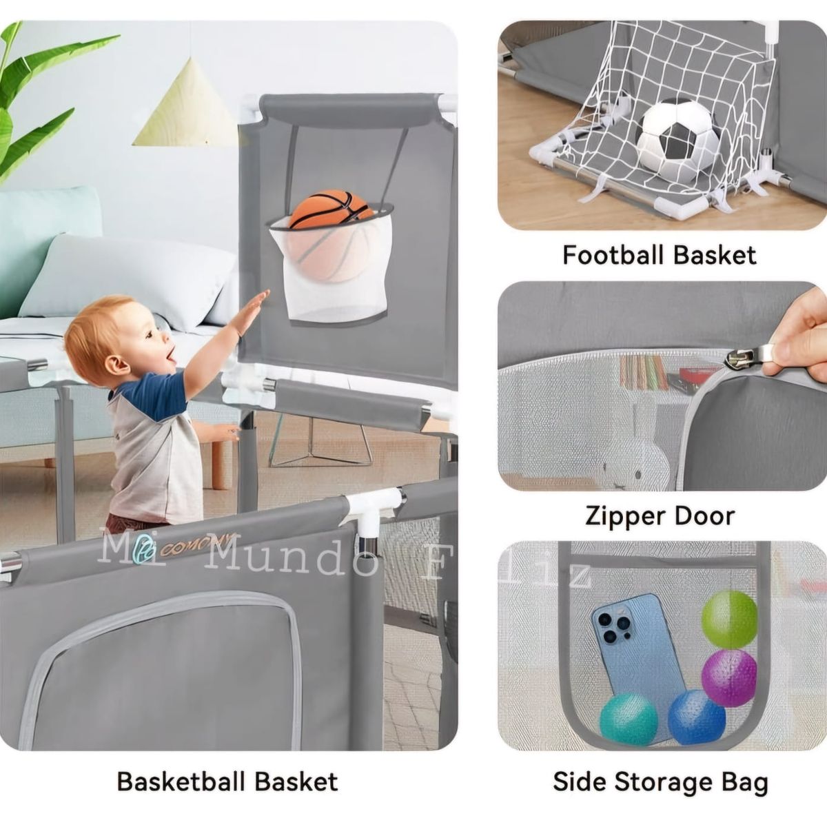 GENERICO - Corral Corralito para Bebe Niños GRIS Basquet Arco