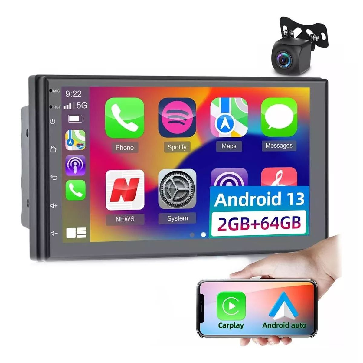 7in Android 13 Autoradio 2+64GB 2 Din Carplay +Cámara Full HD, marca GENERICO - Foto Principal