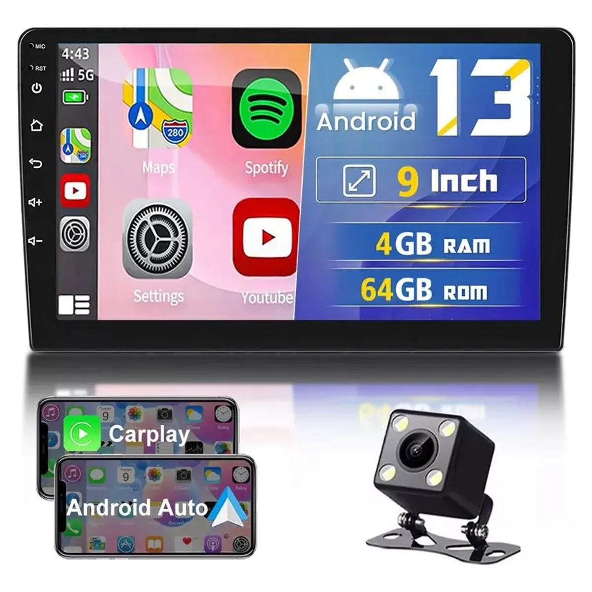 GENERICO - Autoradio 4+64GB Qled 9pulg Android 13 Carplay + Auto Inalámbrico