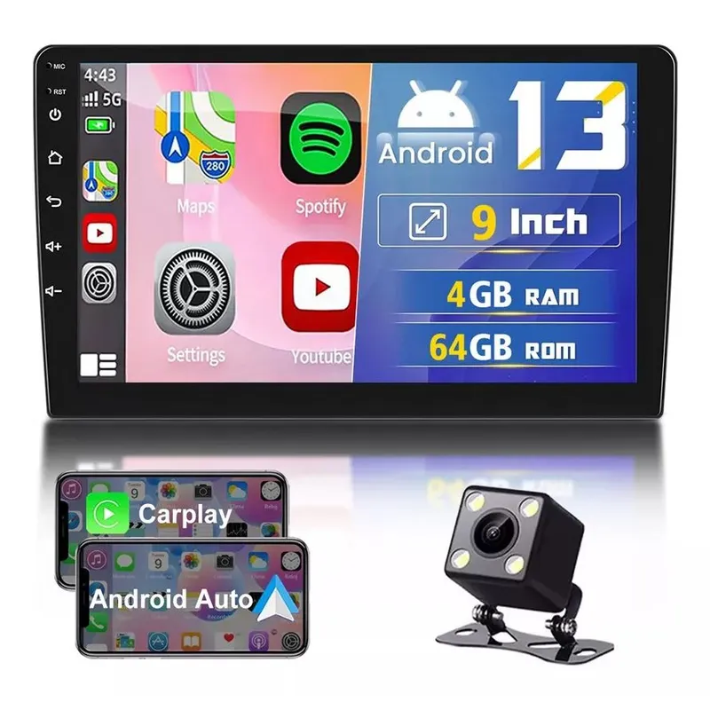 GENERICO - Autoradio 4+64GB Qled 9pulg Android 13 Carplay + Auto Inalámbrico