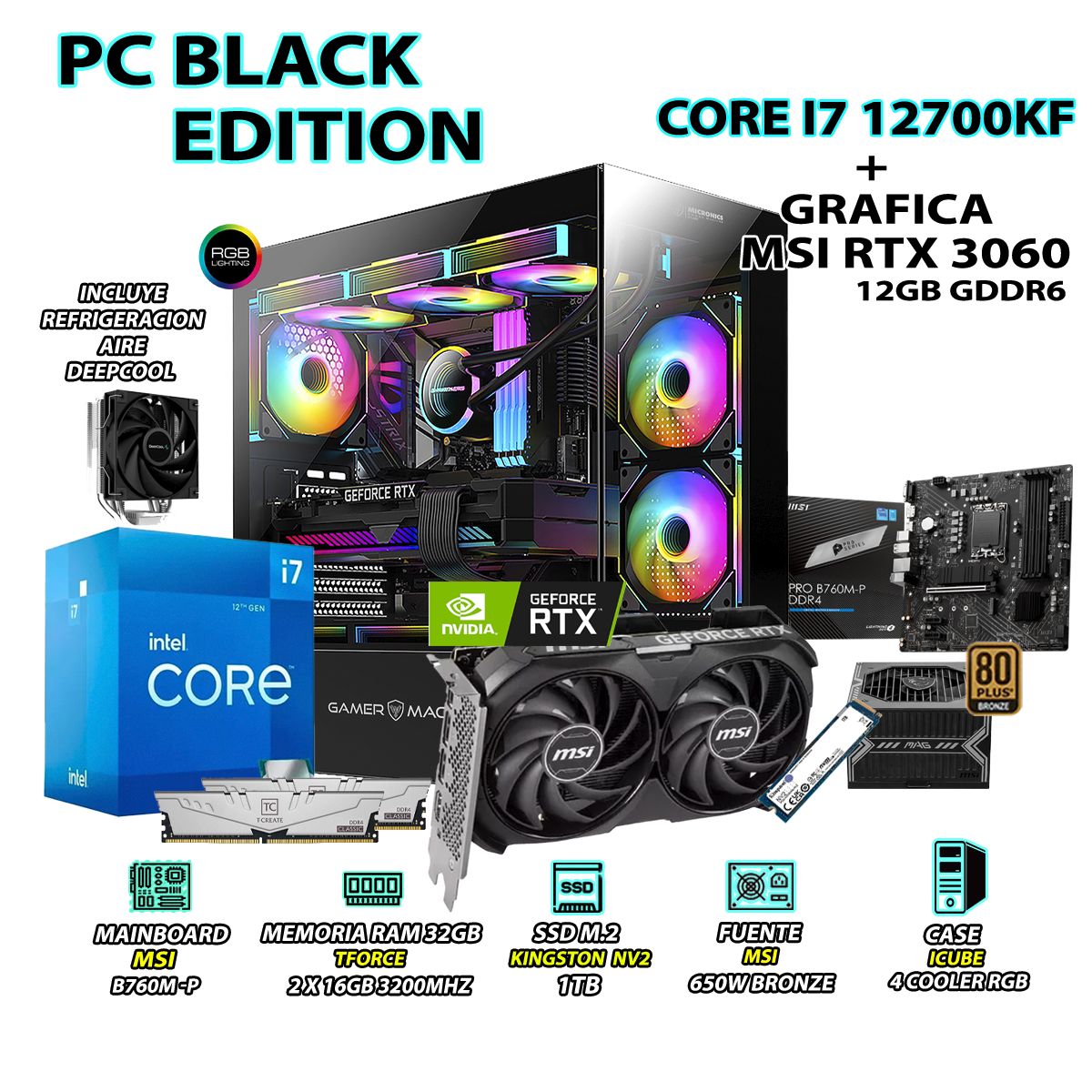INTEL - Computadora Gamer Core i7 12700KF RAM 16GB SSD 1TB GRAFICA RTX 3060 12GB