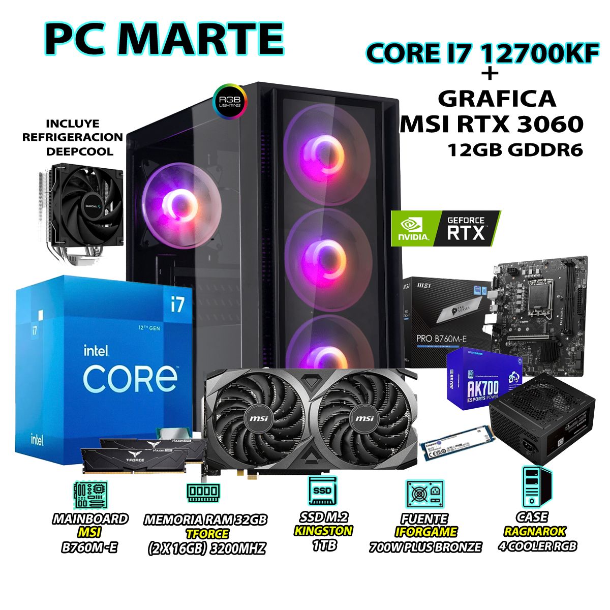 INTEL - Computadora Gamer Core i7 12700KF RAM 16GB SSD 1TB GRAFICA RTX 3060 12GB