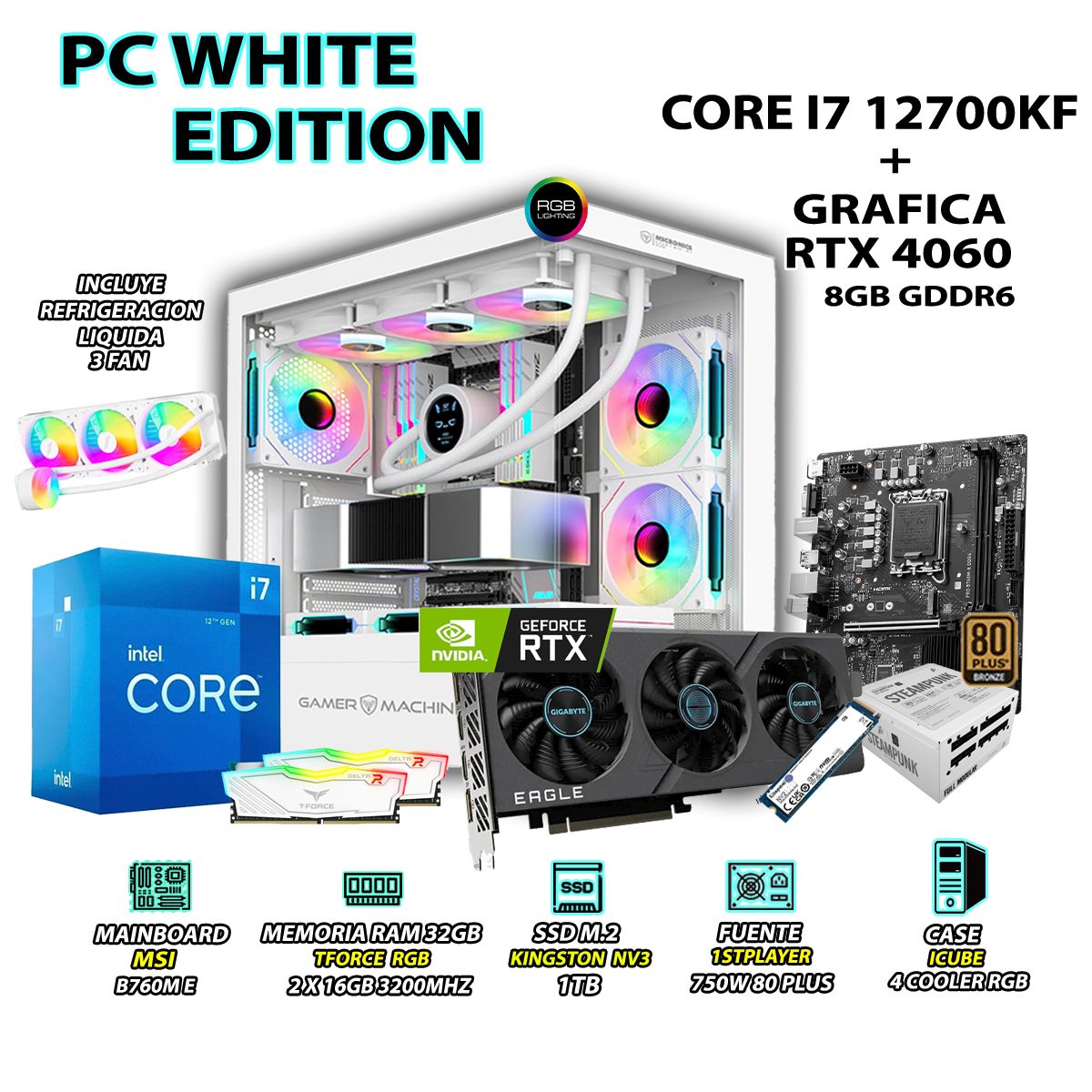 INTEL - Computadora PC Gamer Core i7 12700KF RAM 32GB SSD 1TB GRAFICA RTX 4060 8GB