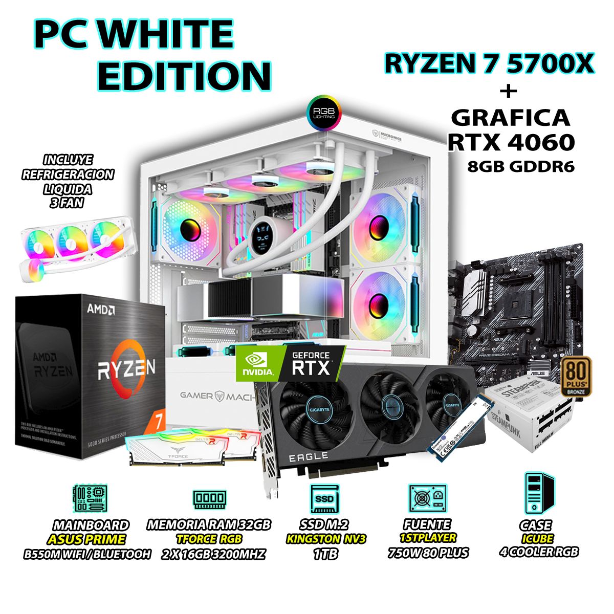AMD - Computadora PC RYZEN 7 5700X RAM 32GB SSD 1TB GRAFICA RTX 4060 8GB