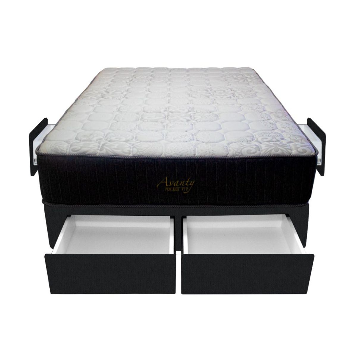 BARAKA HOME - Cama Pocket Vip + 4 Cajones 2 Plz + 2 almohadas - Negro