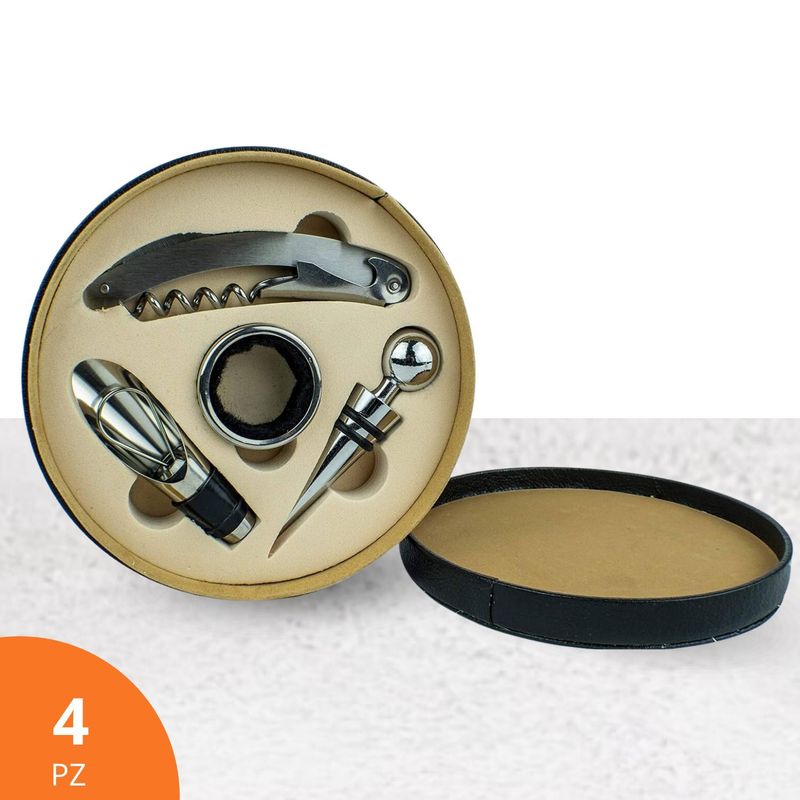 GENERICO - Abrebotellas De Vino En Estuche Redondo De Cuero Sintético 4Pz