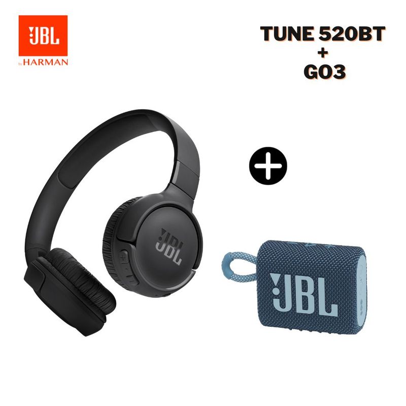 JBL - Super Pack de Audio JBL Tune 520BT Hasta 57 hras BK + JBL GO3 IP67 AZ