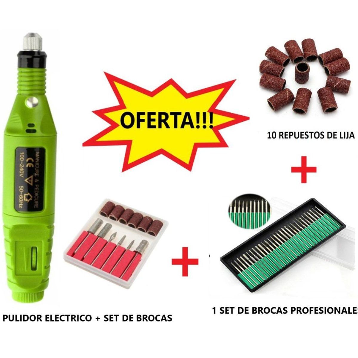 GENERICO - Pulidor De Uñas Eléctrico + 10 Repuestos Lija + Set de Brocas