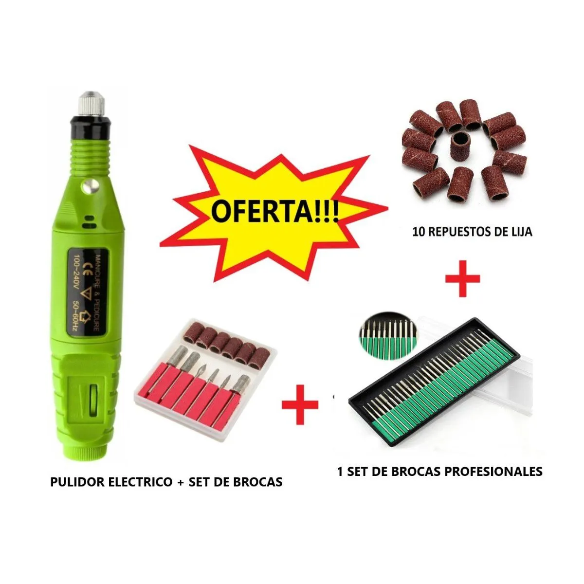 GENERICO - Pulidor De Uñas Eléctrico + 10 Repuestos Lija + Set de Brocas