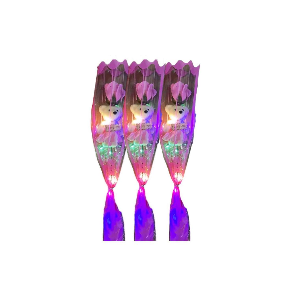 GENERICO - 3 Rosas Rosadas con Osito y Luces