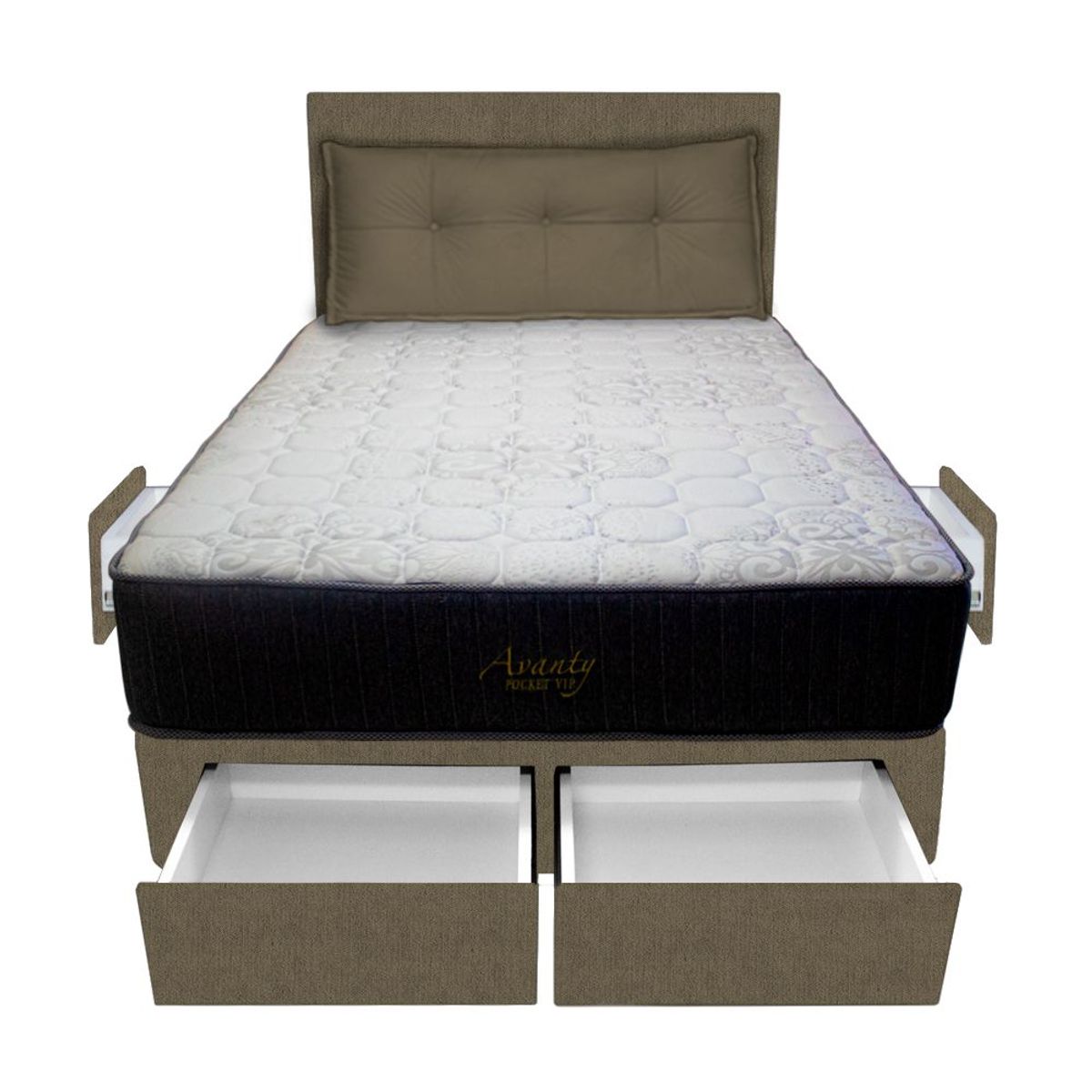 BARAKA HOME - Dormitorio Pocket Vip + 4 Caj. 1.5 Plz +Cabecera +Cojin - Beige Oscuro