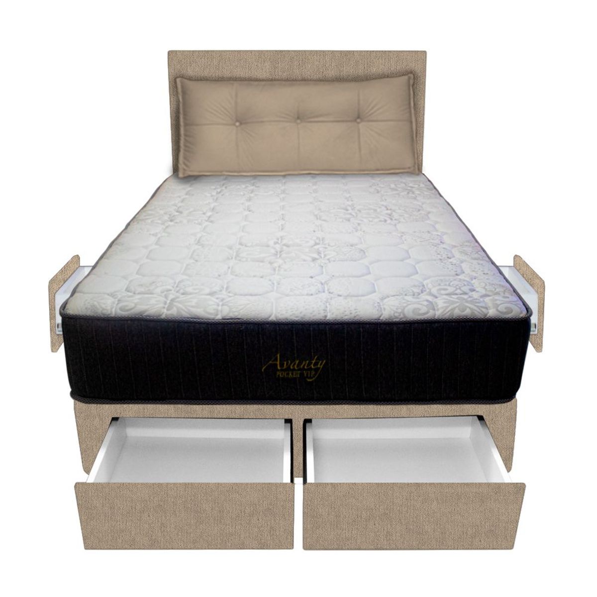 BARAKA HOME - Dormitorio Pocket Vip + 4 Caj. 1.5 Plz +Cabecera + Cojin - Beige Claro