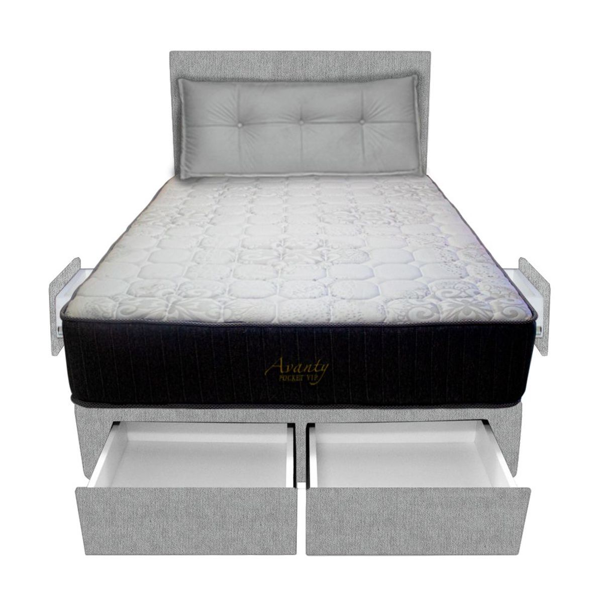 BARAKA HOME - Dormitorio Pocket Vip + 4 Caj. 1.5 Plz + Cabecera + Cojin - Gris Claro