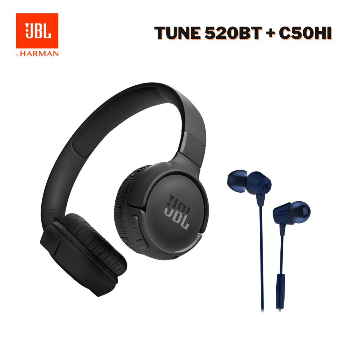 JBL - JBL Pack Especial Tune 520BT Negro Hasta 57 Hrs + JBL C50HI Cable Azul