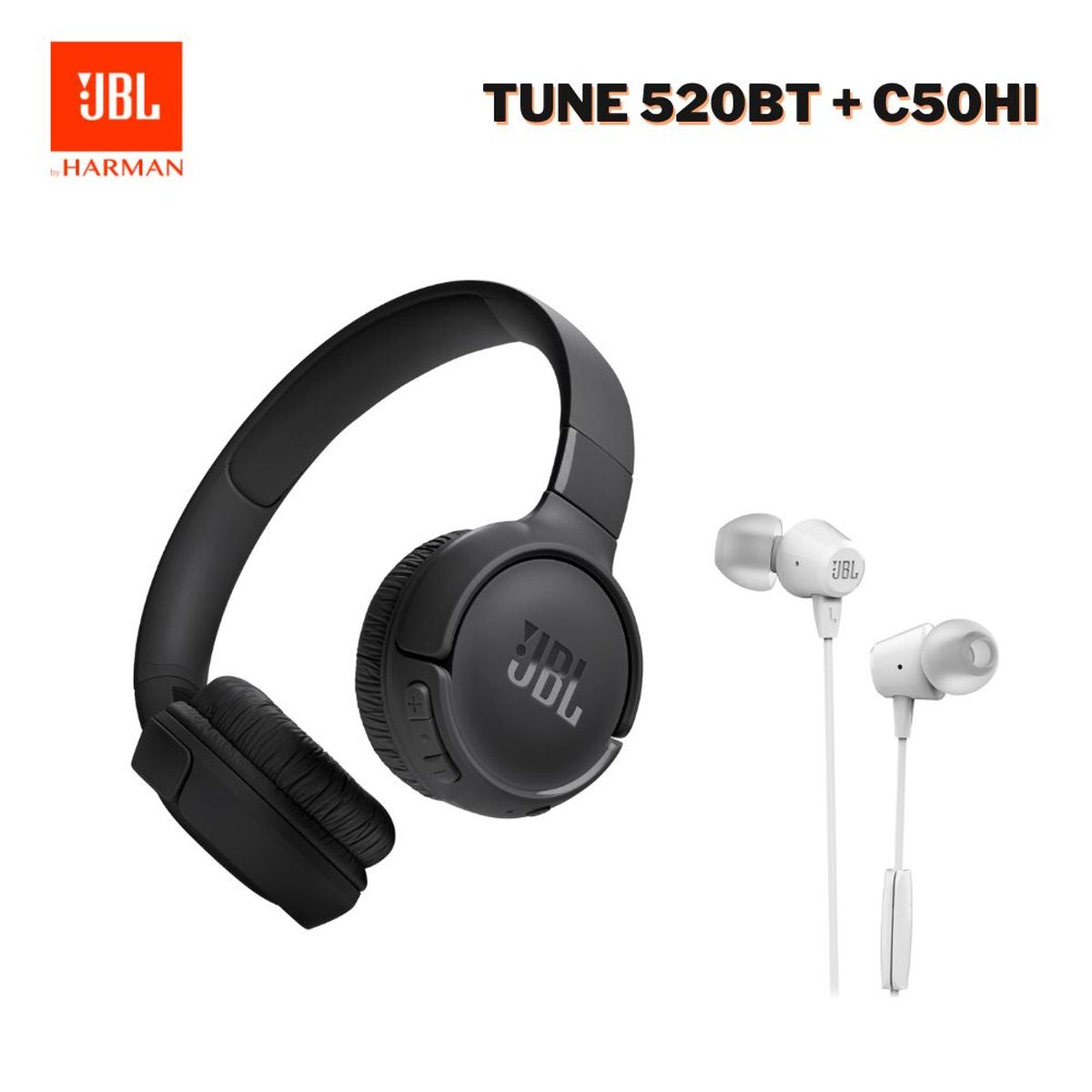 JBL - JBL Pack Especial Tune 520BT Negro Hasta 57 Hrs +JBL C50HI Cable White