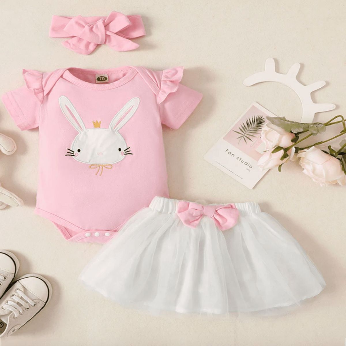 GENERICO - Vestido de Niña Bebe Conejito de 3 Piezas ( Boddy + Tutu + Vincha )