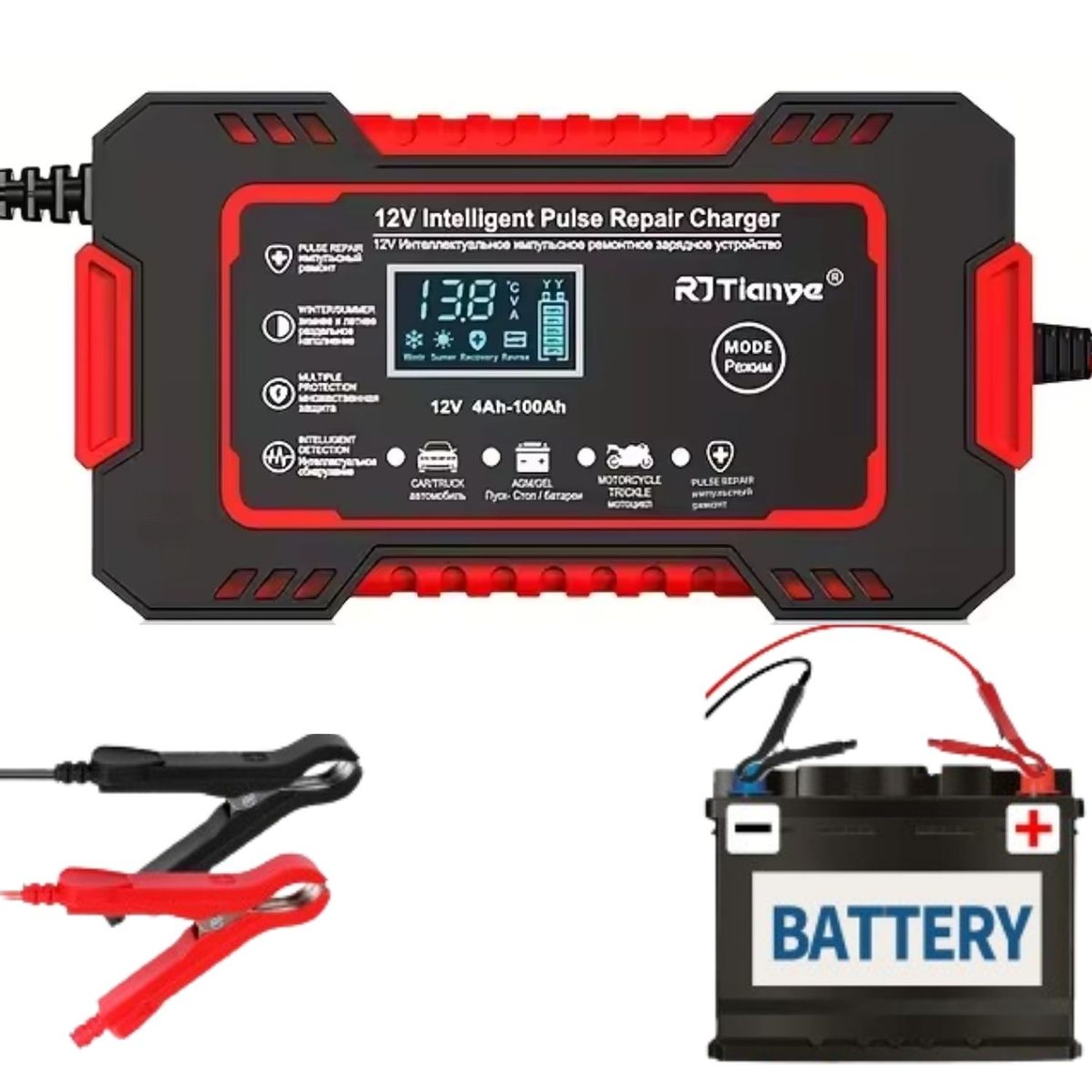 Cargador Baterias Coche 6A 12V Con Pantalla LCD Inteligente, Mantenedor