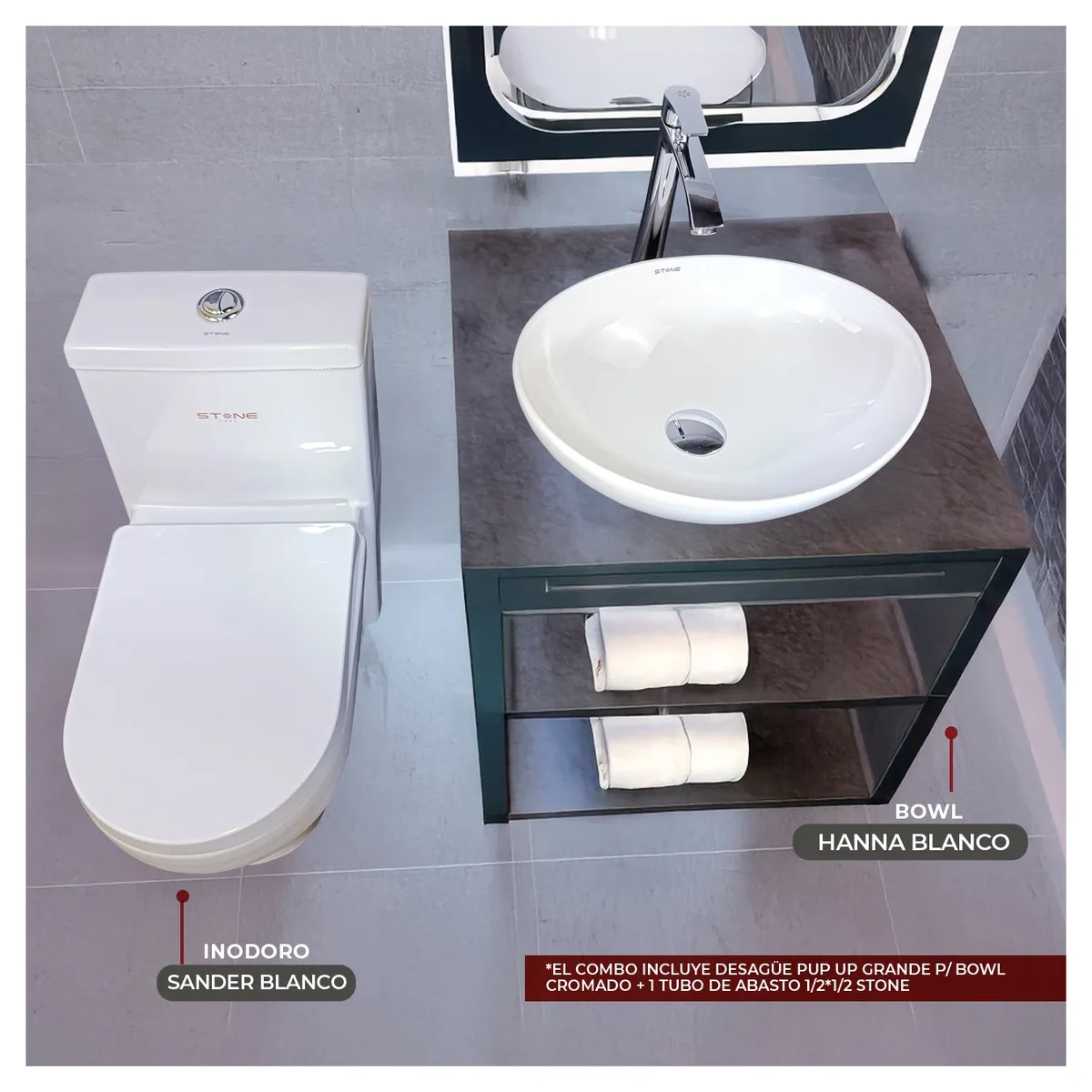 STONE - COMBO INODORO SANDER BLANCO - LAVAMANOS HANNA BLANCO STONE