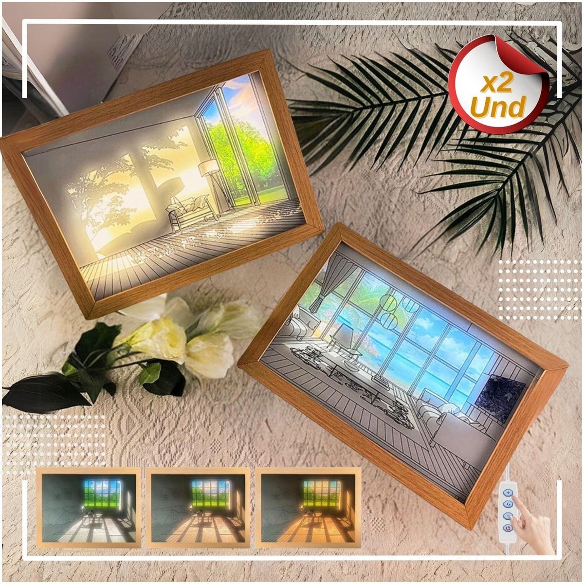 TRENDS - Cuadros Lámpara LED 2UND Decorativo de Madera 3 Modos de Luz Graduable