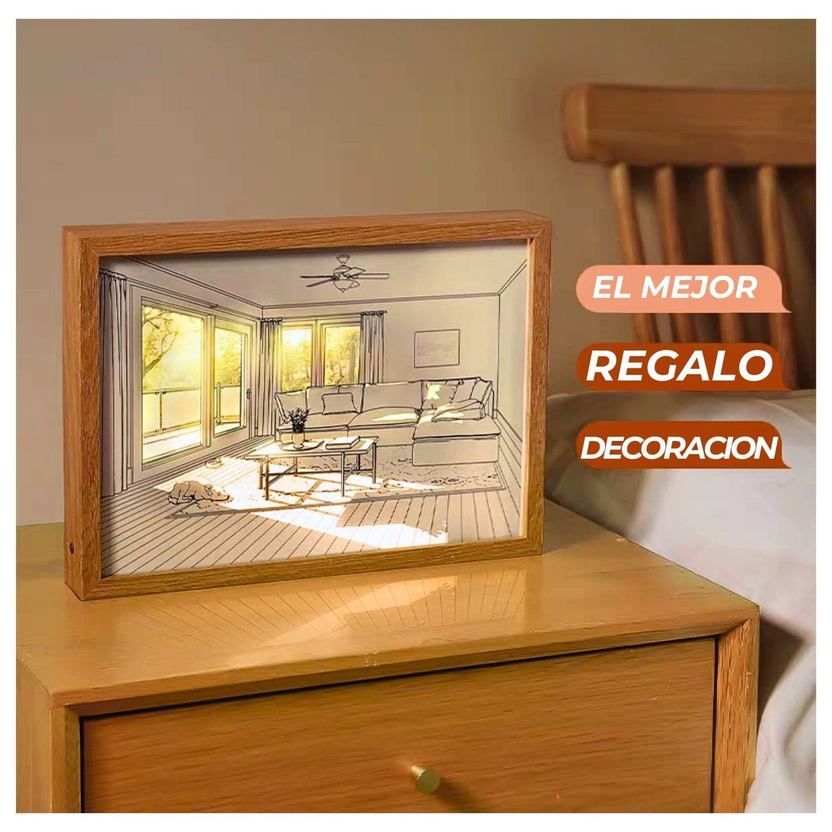 TRENDS - Cuadros Lámpara LED 2UND Decorativo de Madera 3 Modos de Luz Graduable