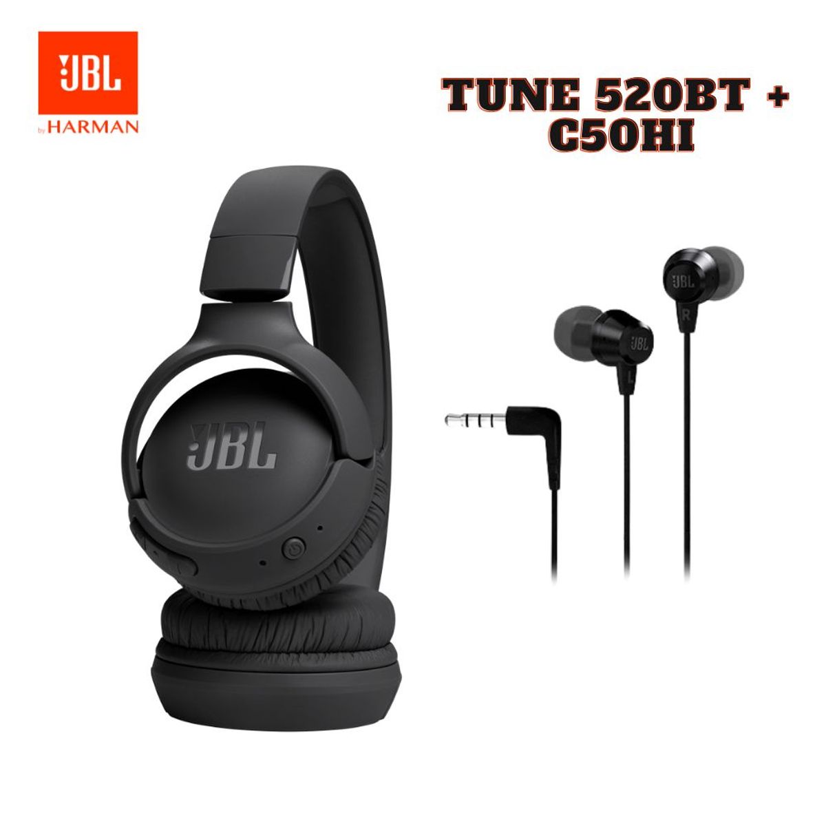 JBL - Super Combo JBL C50HI Cable Negro + JBL TUNE 520BT Plegable Negro