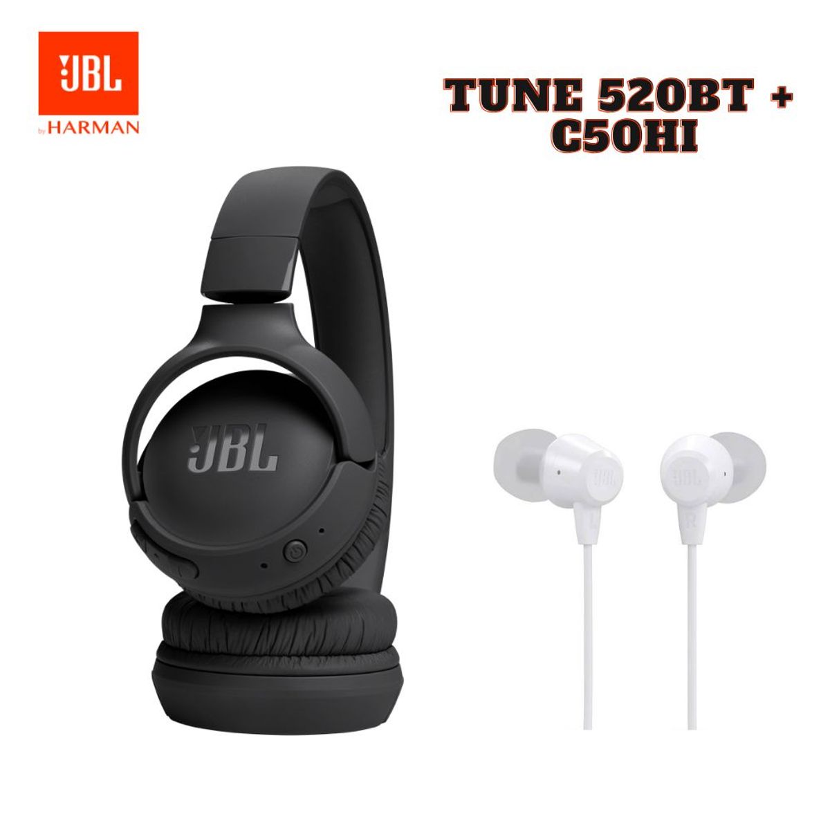 JBL - Super Combo JBL C50HI Cable Blanco + JBL TUNE 520BT Plegable Negro