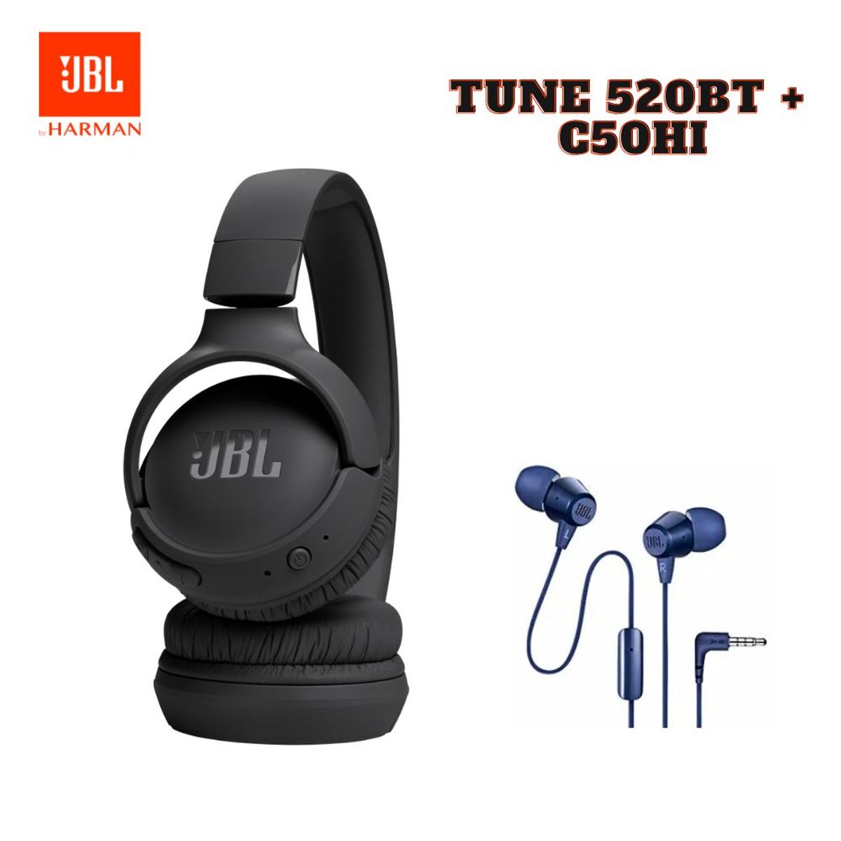 JBL - Super Combo JBL C50HI Cable Azul + JBL TUNE 520BT Plegable Negro