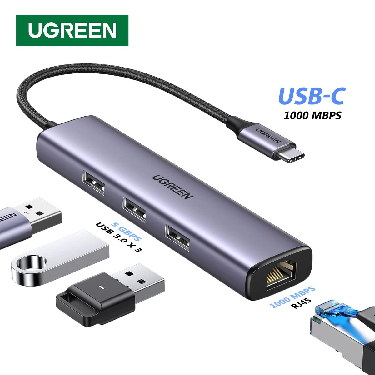 UGREEN - Adaptador Hub Tipo C 4 En 1 - Ethernet 1000 Mbps, 3 x USB 3.0 - UGREEN