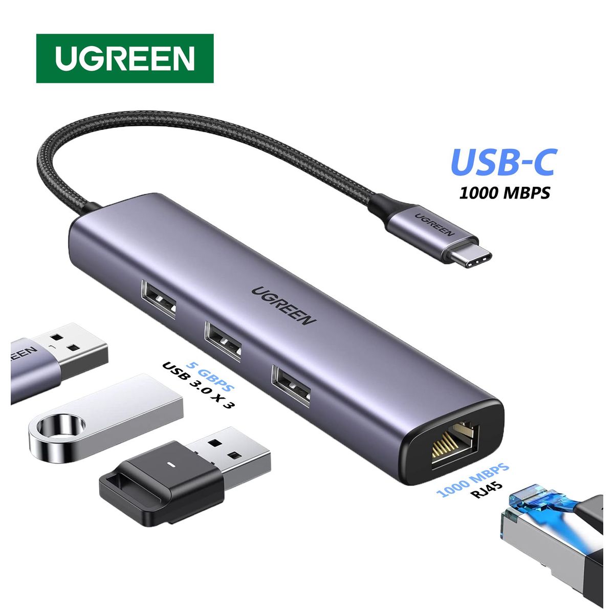 UGREEN - Adaptador Hub Tipo C 4 En 1 - Ethernet 1000 Mbps, 3 x USB 3.0 - UGREEN