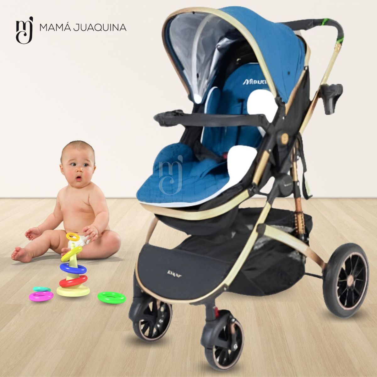 BABY - Coche Moisés Travel System 4 en 1 «VERONA GOLD» con Porta bebé Blue