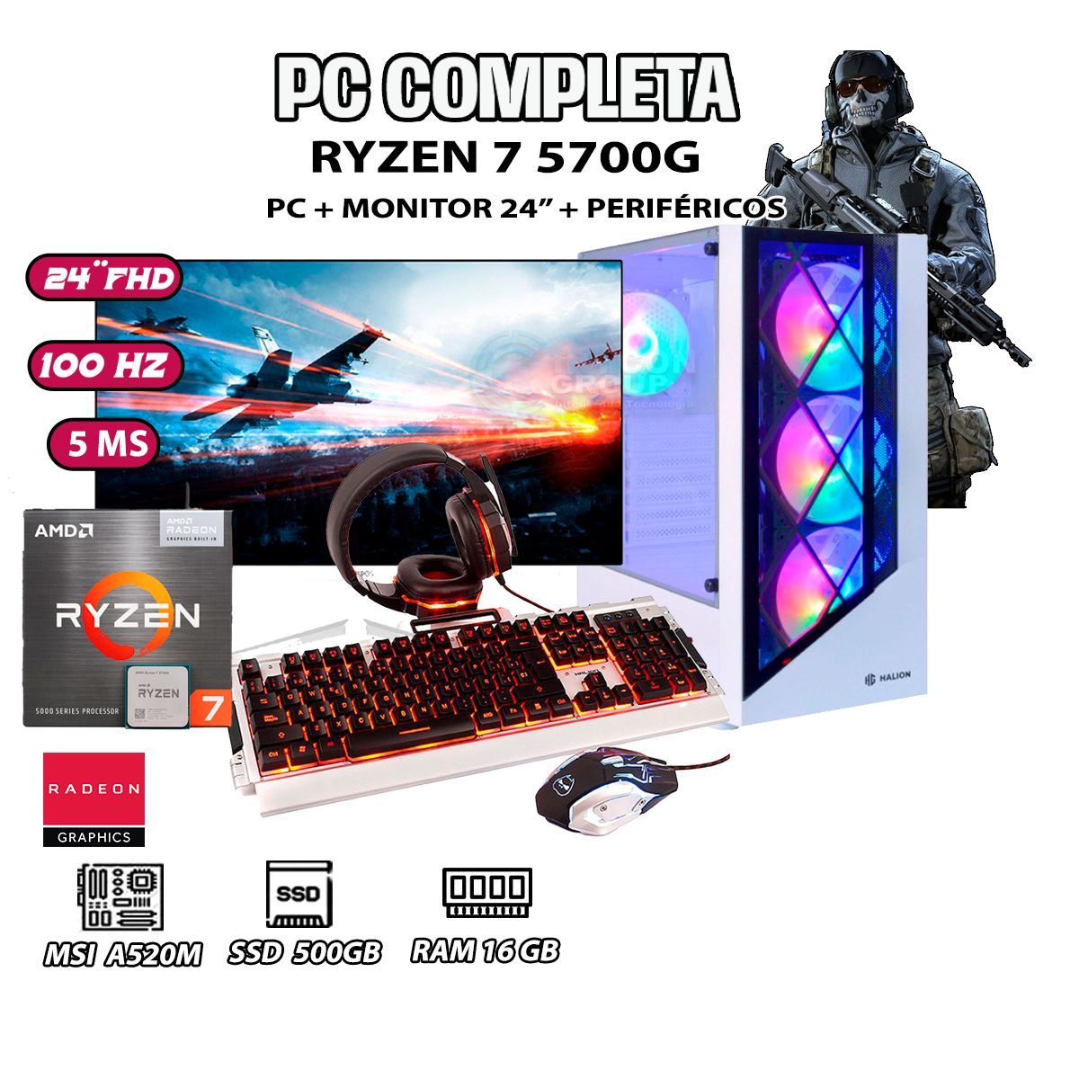 AMD - Computadora PC GAMER Ryzen 7 5700G RAM 16GB SSD 500GB MONITOR 24" Full HD