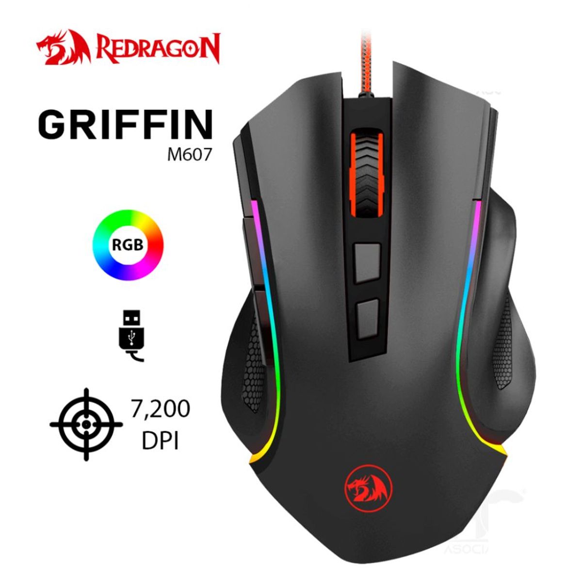 REDRAGON - MOUSE GAMER REDRAGON DPI 7200 GRIFFIN M607 ILUMINACION RGB