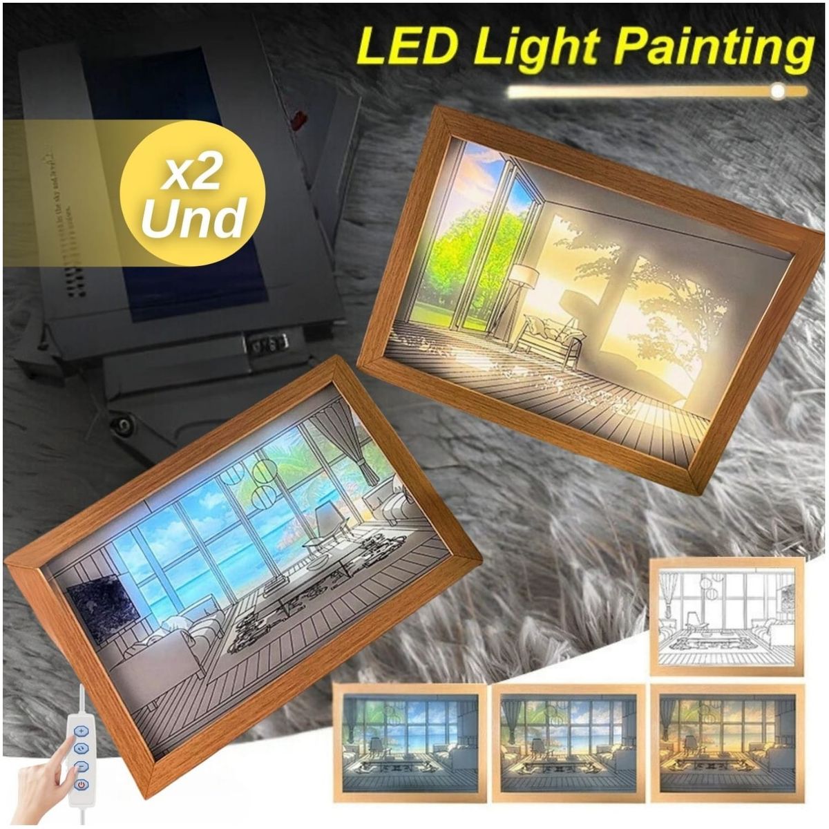 TRENDS - 2 CUADROS DECORATIVO 3D LUMINOSO X2 UND ESTILO NORDICO 3 MODOS DE LUZ