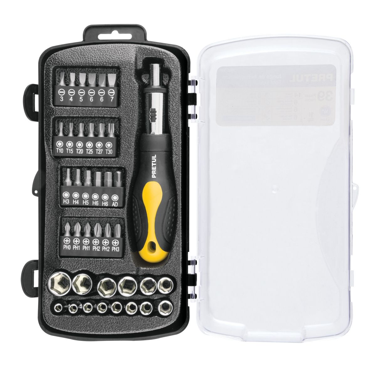 PRETUL - Juego Ratchet 39 herramientas 1/4", 23971 PRETUL