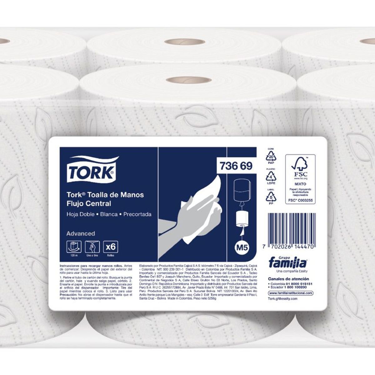 TORK - Papel Toalla Rollo Precortada Hoja Doble Tork Blanco 6x20mts