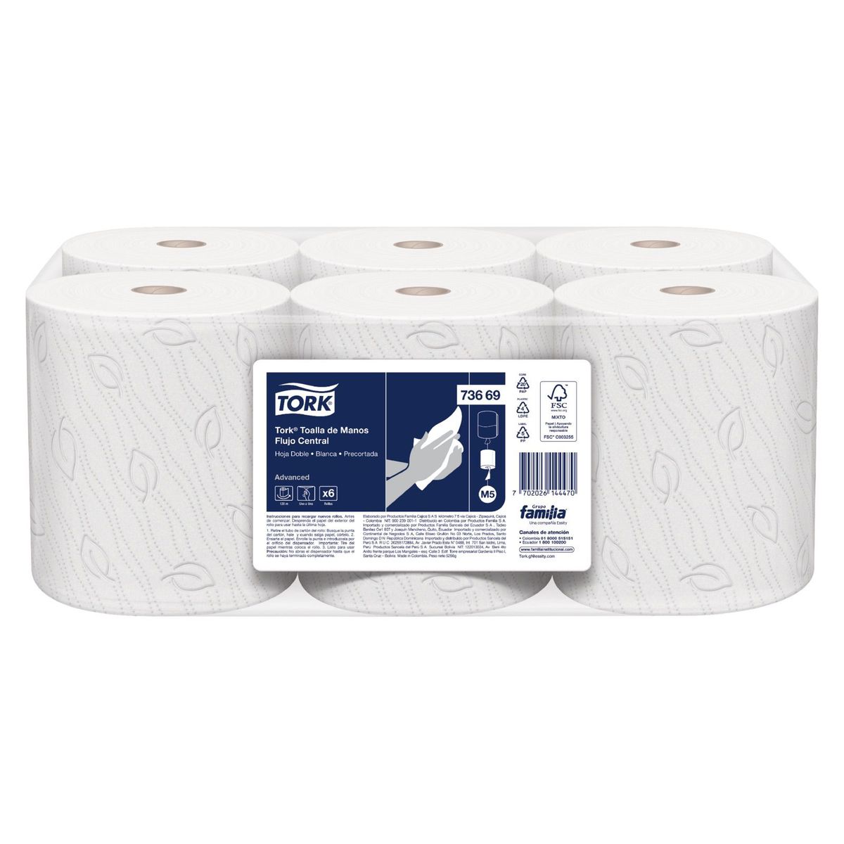 TORK - Papel Toalla Rollo Precortada Hoja Doble Tork Blanco 6x20mts