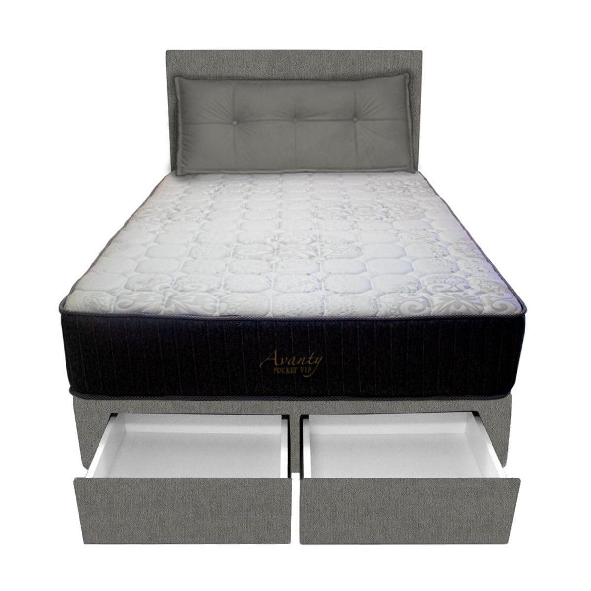 BARAKA HOME - Dormitorio Pocket Vip +2 Caj. 1.5 Plz + Cabecera +Cojin - Gris Oscuro