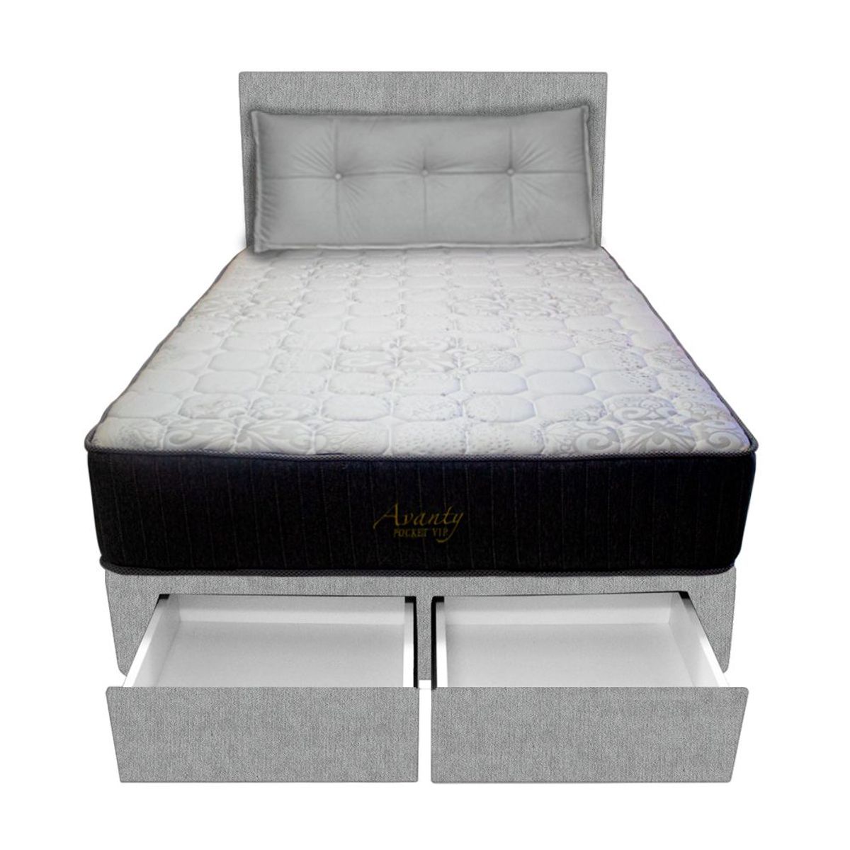 BARAKA HOME - Dormitorio Pocket Vip +2 Caj. 1.5 Plz + Cabecera +Cojin - Gris Claro