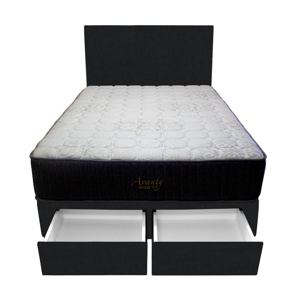BARAKA HOME - Dormitorio Pocket Vip + 2 Cajones 1.5 Plz + Cabecera - Negro