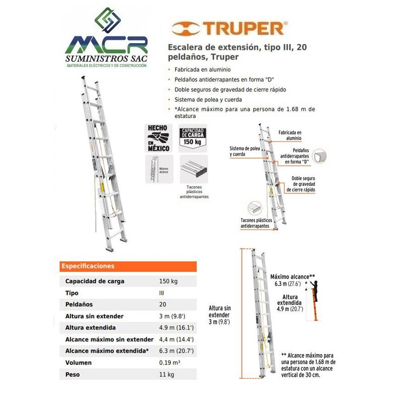 TRUPER - Escalera telescopica de 20 pasos de aluminio 150 kg truper