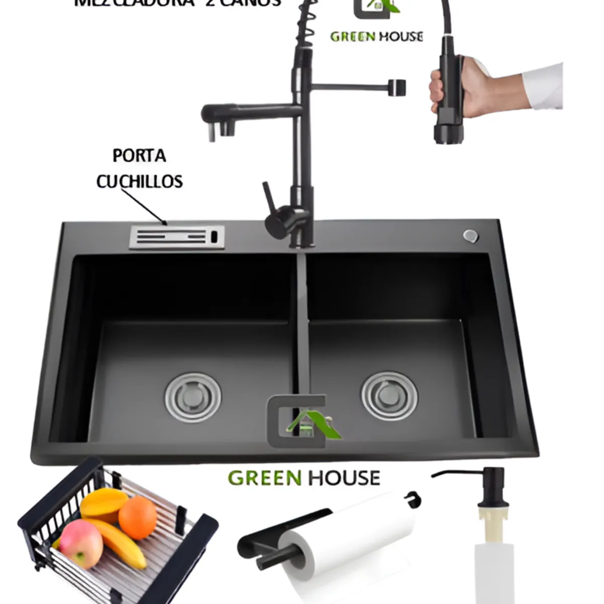 GENERICO - COMBO LAVADERO DE COCINA  2 POZAS + MEZCLADORA 2 CAÑOS NEGRO ACERO