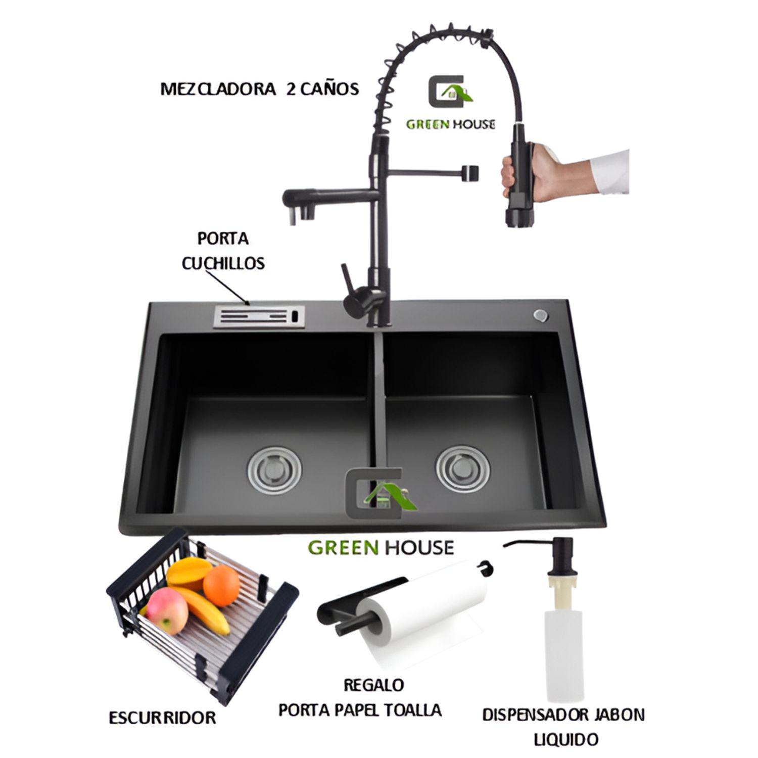 COMBO LAVADERO DE COCINA POZAS MEZCLADORA CAÑOS NEGRO ACERO