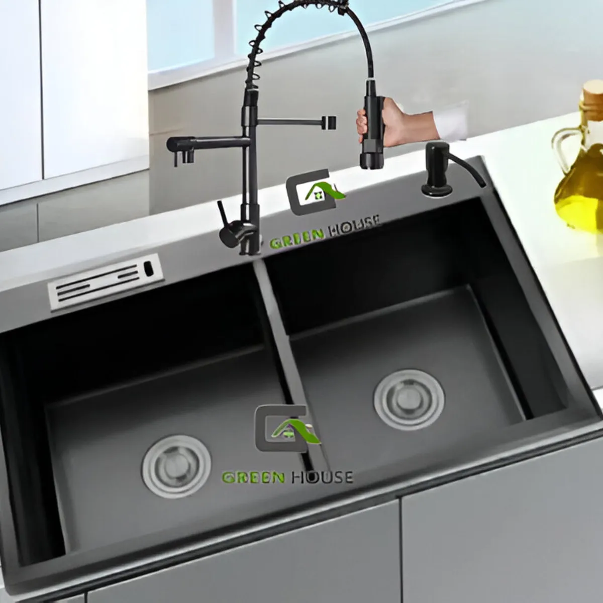 GENERICO - COMBO LAVADERO DE COCINA  2 POZAS + MEZCLADORA 2 CAÑOS NEGRO ACERO