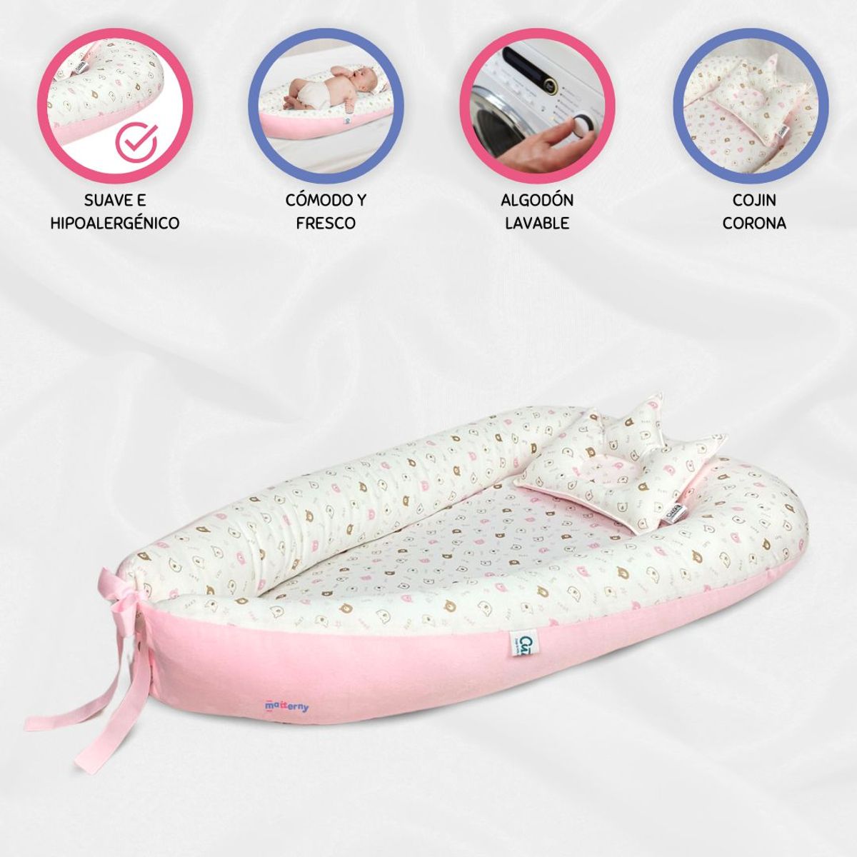 CUZKA - Nido Colecho para Bebé »QUEEN» Osos Pink