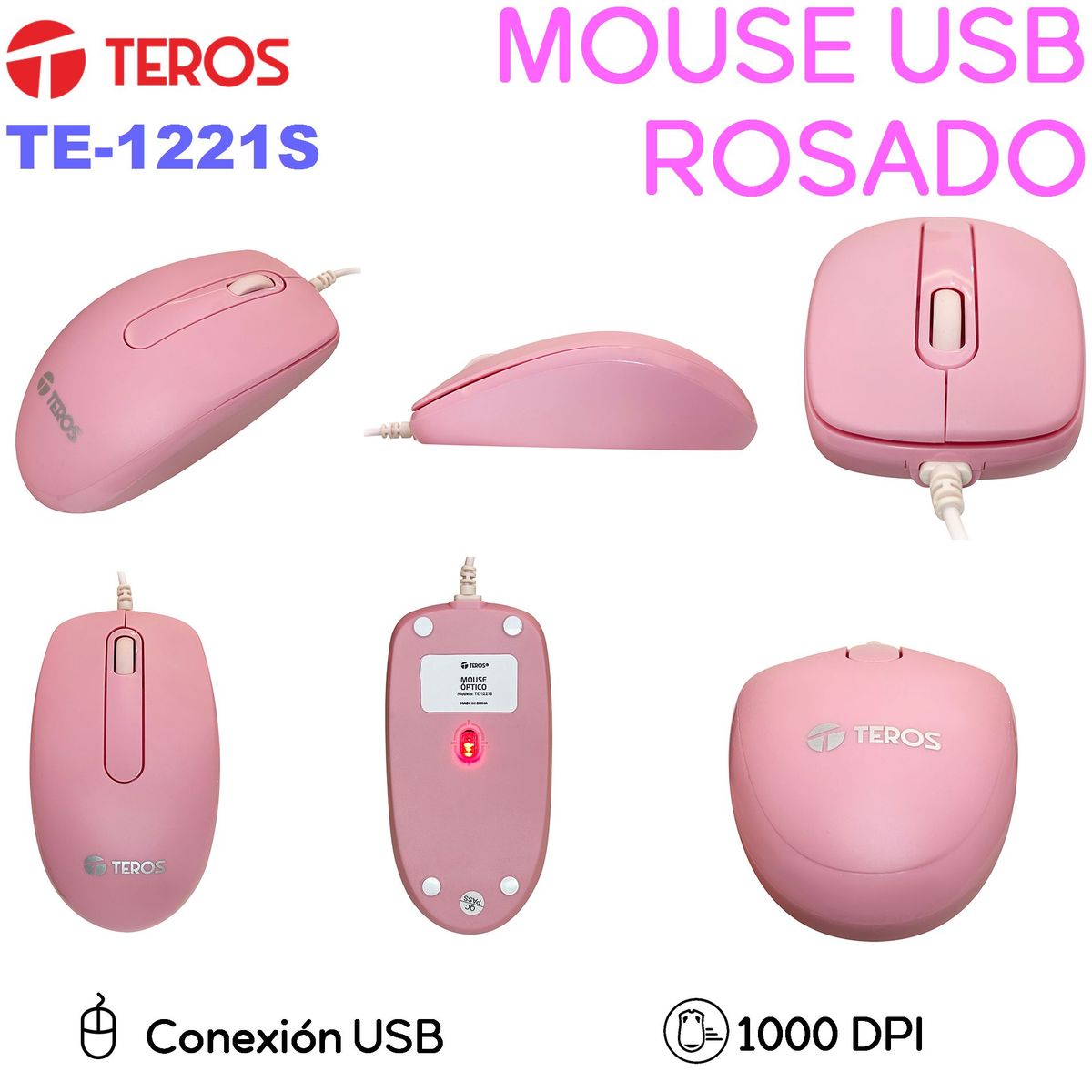 TEROS - Mouse rosado TEROS TE-1221s conexion usb , 1000 DPI , 3 botones