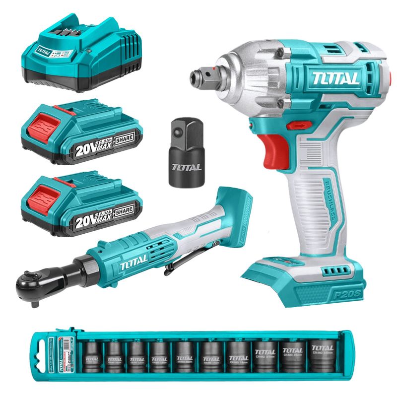 TOTAL TOOLS - Combo llave de impacto 20v + llave ratchet 20v + set dados Total